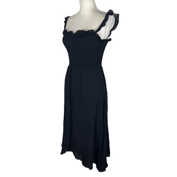 Reformation Siesta Black Smocked Midi Dress Ruffle Square Neck Slit Size XL - Picture 4 of 7